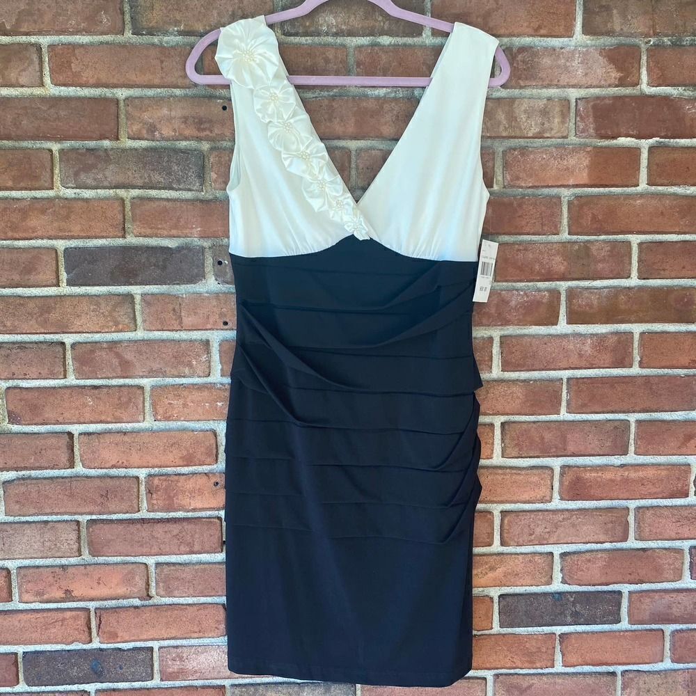 Connected Apparel Ruffle Layered Sheath Dress with Satin Flower Strap Black 10